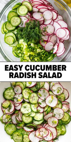 cucumber and radish salad in a bowl with the words easy cucumber