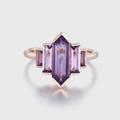 Long Hexagon Cut Amethyst Bezel Set Engagement Ring In 14k Rose Gold Purple Engagement Rings, Unique Rose Gold Engagement Ring, Engagement Ring Baguette, Baguette Cut Ring, Unique Engagement Rings Rose Gold, Baguette Engagement Ring, Bezel Set Engagement Ring, Amethyst Ring Engagement, Purple Amethyst Ring