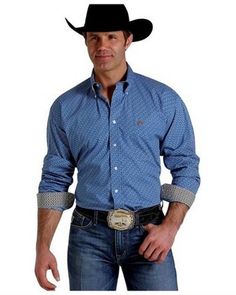 Cinch® Men's Long Sleeve Blue Print Button Shirt Mens Southern Style, Country Wedding Outfit, Cowboy Outfit For Men, Cowboy Clothing, Western Dress Shirts, Prom For Guys