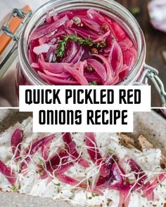 pickled red onions in a mason jar with text overlay that reads quick pickled red onions recipe