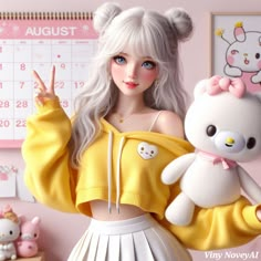 a doll is holding a teddy bear and posing for the camera in front of a calendar