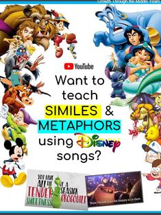 an advertisement with cartoon characters and the words, want to teach smiles & metaphers using disney songs?