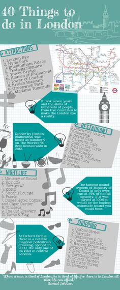 an info sheet with the words 40 things to do in london, including music notes