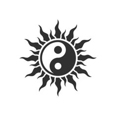 the yin symbol is shown in black on a white background, with sun rays around it