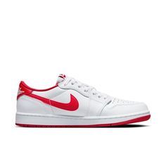 From hoops to fashion, the AJ1 forever changed the footwear game. Building upon its legacy, this striking edition pairs premium White leather with bright hits of University Red for an ultra-clean finish. Nike Air branding on the tongue is complemented by the embroidered Wings logo on the heel. Step into a fresh pair and change your game.Encapsulated Air unit provides lightweight cushioning.Leather and textile materials in the upper are light and durable. Modern Low-top Basketball Shoes With Red Sole, Modern Red Sneakers With Boost Midsole, Jordan 9 Retro, Jordan Model, Air Jordan 9, Jordan 11 Retro Low, Jordan 13 Retro, Air Jordan 12 Retro, Air Jordan 5 Retro