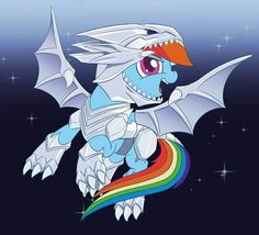 an image of a cartoon dragon flying in the sky with rainbows and stars behind it