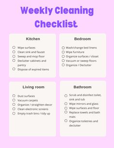 a pink cleaning checklist with the words weekly cleaning checklist