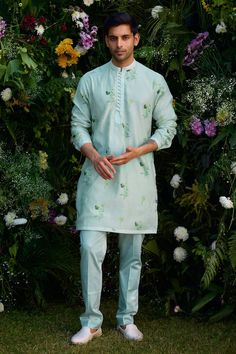 Aqua blue cotton silk kurta with floral hand block print. Comes with trouser. - Aza Fashions Cotton Silk Kurta With Printed Motifs For Eid, Green Cotton Silk Lawn Suit For Spring, Spring Sherwani With Printed Motifs, Spring Green Cotton Silk Lawn Suit, Cotton Silk Lawn Suit With Block Print Straight Kurta, Cotton Silk Lawn Suit With Block Print, Summer Cotton Silk Salwar Kameez With Printed Motifs, Spring Cotton Silk Kurta With Printed Motifs, Cotton Silk Straight Kurta Set For Spring