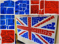 the british flag is made out of blue, red and white paper with writing on it