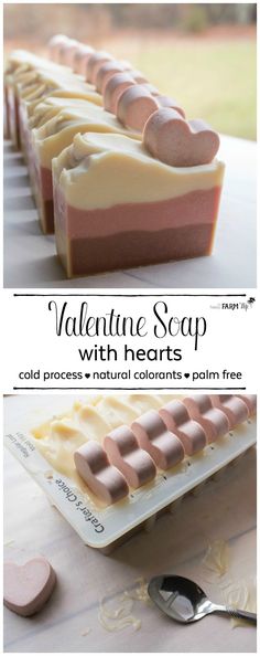 valentine's soap with hearts on it is shown in three different colors and sizes