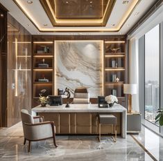 an elegant office with marble floors and walls