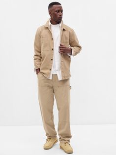 Authentic denim utility overshirt.  Point collar.  Long sleeves with button cuffs.  Button front.  Patch pockets at chest.  Straight silhouette with an over Cream Long Sleeve Top Outfit, Evil Clothes, Brothers Aesthetic, Utility Wear, Men Street Fashion, Beige Outfit, Big Shirt