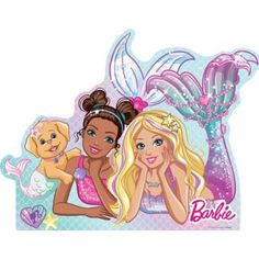 barbie the mermaid sticker with two girls and a teddy bear in front of it