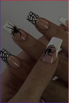 French Tip With Halloween Design, Halloween Inspired Acrylic Nails, Spiderman Inspired Nails Simple, Black Short Coffin Nail Ideas, Spiderweb Nails French Tip, Gel Nails Halloween Design, Short Spider Nails, Halloween Acyrilics Nails, Spider French Tip Nails