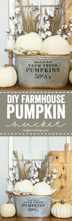 some white pumpkins are sitting in metal buckets on a shelf with the words diy farmhouse pumpkin written above them