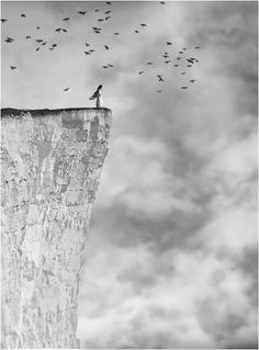 a man standing on the edge of a cliff with birds flying around him in black and white