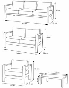 three different types of couches with measurements for each seat and the other side by side