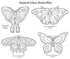 four different types of stained glass butterflies, each with their own name and description on the wings