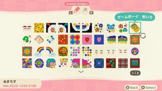 an animal crossing game with lots of different designs on it's screen, including the letters and numbers