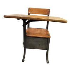 an old school desk with a wooden bench on it's back end and metal legs