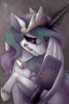 a drawing of a unicorn with purple hair and horns on it's head holding a book