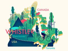 an illustrated map of whistler vancouver and the surrounding area with people riding bikes on it