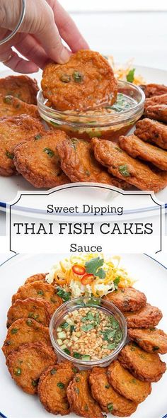 two plates with different types of food on them and the words sweet dipping thai fish cakes