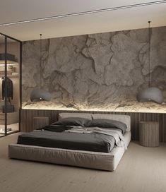 an image of a bedroom setting with stone walls and flooring in the background, including a bed