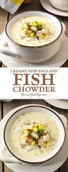 two bowls of creamy new england fish chowder