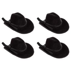 Rope 'em cowboy! Black Flocked Cowboy Hats are flocked in surface texture with simple tie details and curved brims. They are perfectly versatile, which means you can incorporate them into everything from paper projects and miniature projects to mixed media and even paintings. Go western in your crafty themes! Dimensions: Length: 2 1/16" Width: 1 5/8" Height: 3/4" Package contains 4 pieces. Cowboy Centerpieces, Rodeo Birthday Parties, Cowboy Birthday Party, Rodeo Birthday, Western Theme Party, Chapeau Cowboy, Silhouette Cameo Machine, Cowboy Birthday, Miniature Projects