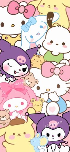 an image of many different cartoon animals on a pink and white background with the words hello kitty