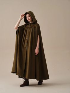 ARIEL 14 | HOODED WOOL CLOAK COAT – Linennaive Elegant Fall Outerwear For Larp, Medieval Style Fall Cape, Medieval Style Fall Cape Outerwear, Medieval Style Winter Cape, Medieval Winter Cape Outerwear, Medieval Style Winter Cape Outerwear, Fall Lagenlook Cape Outerwear, Medieval Winter Cape, Wool Cloak