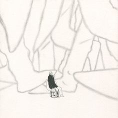 a drawing of a person sitting on a chair in front of a rock formation with trees