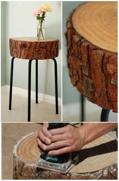 a wooden table with metal legs and a flower in a vase sitting on top of it