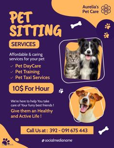 an advertisement for pet sitting services with two dogs and a cat in the center, on purple background