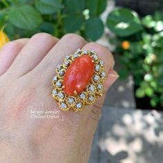 Absolutely stunning Italian made vintage coral ring! This ring has an elaborate fancy design with sparkly white diamonds and is set in 18k yellow gold. The coral setting sits high off the finger. Ring Size: 6 Total Weight: 16.7 grams Precious Metal: 18k solid gold Precious stones: -Coral Center Stone: 20mm x 11.7mm, 8.5 carats -White Round diamonds: 0.43 carats Hallmark: ITALY 18K Gold Ring Vintage, Fancy Design, Coral Ring, 18k Yellow Gold Ring, Yellow Gold Ring, Finger Ring, Precious Metal, Red Coral, Ring Vintage