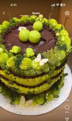 the cake is decorated with green and brown icing on it's top layer