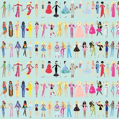 many different types of barbie dolls on a light blue background, all dressed up and standing together