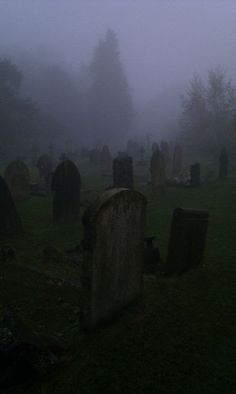 an old cemetery in the fog with headstones and tombstones on it's sides