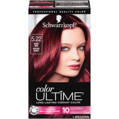 "Schwarzkopf Color Ultime Hair Color Cream, 5.22 Ruby Red Hair Color - show-stopping reds for any complexionThis hair color kit will allow you to achieve noticeably vibrant color results and incredible gloss at home. Infused with Diamond Brilliance Serum. It contains special UV filter to provide additional protection. Color Ultime‘s hair dye kit including a conditioner delivers color results with luminous shine from root to tip. We recommend big-volume hairstyles for particularly glamorous red h Hair Color Schwarzkopf, Ruby Red Hair Color, Ruby Red Hair, Schwarzkopf Color, Best Hair Dye, Dyed Red Hair, Hair Color Cream, Permanent Hair Dye, Color Kit