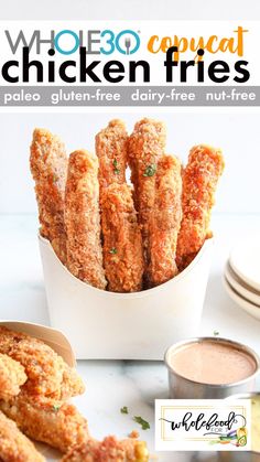 fried chicken fries in a white container with dipping sauce on the side and text overlay