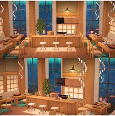 the interior of a living room and dining area in an anime style house with multiple windows