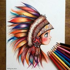 a drawing of a native american girl with feathers on her head and colored pencils next to it