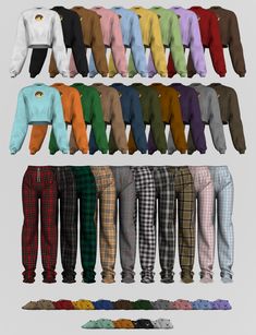 many different colored plaid pants and sweaters