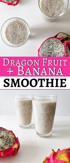 dragon fruit and banana smoothie in small glasses on a white surface with the title above it