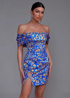 Expertly crafted with a retro digital print, this off shoulder mini dress is the perfect addition to your wardrobe. Made with luxurious satin fabric, it's stylish, comfortable, and sure to make a statement. With its unique off shoulder design, in a beautiful blue hue, you'll be turning heads wherever you go. Fabric: Non-Stretch Material: Polyester Fiber Blue Midi Dress With Straight Neckline For Party, Blue Party Midi Dress With Straight Neckline, Printed Knee-length Midi Dress For Party, Summer Satin Off-shoulder Mini Dress, Blue Fitted Off-shoulder Dress For Night Out, Summer Strapless Satin Off-shoulder Dress, Blue Strapless Off Shoulder Dress For Night Out, Evening Floral Print Satin Mini Dress, Party Mini Dress With Floral Print And Straight Neckline