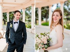 a man and woman standing next to each other in front of a gazebo holding flowers