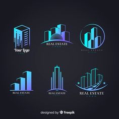 set of real estate logo templates in blue and purple colors with skyscrapers on black background