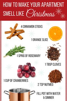 how to make your apartment smell like christmas info for the kitchen and living room, including cinnamon sticks, orange slices, cranberries,