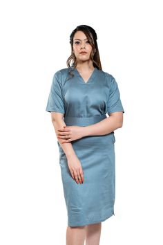 Women's Dress: Blue A.F. Rich styling Pleasant Cotton prime All weather, Multi functional dress Easy Slip Closure Belt of same fabric Pockets at both sides SizeBust   WaistLength    Hips   Across       Sleeve                                                            Shoulder    Length M 38.0    32.0  42.040.0     14.5          10.0 L 40.0    34.0  42.042.0     15.0      10.0 Ind    S            M              L              XL US     4            6               8             10 Fabric: Cotton Solid V-neck Dress With Side Pockets, V-neck Dresses With Side Pockets, Light Blue V-neck Midi Dress For Workwear, Light Blue V-neck Midi Dress For Work, Blue V-neck Midi Dress With Pockets, Light Blue V-neck Dress With Pockets, Blue Short Sleeve Midi Dress For Work, Light Blue Knee-length Midi Dress For Work, Elegant V-neck Dresses With Side Pockets